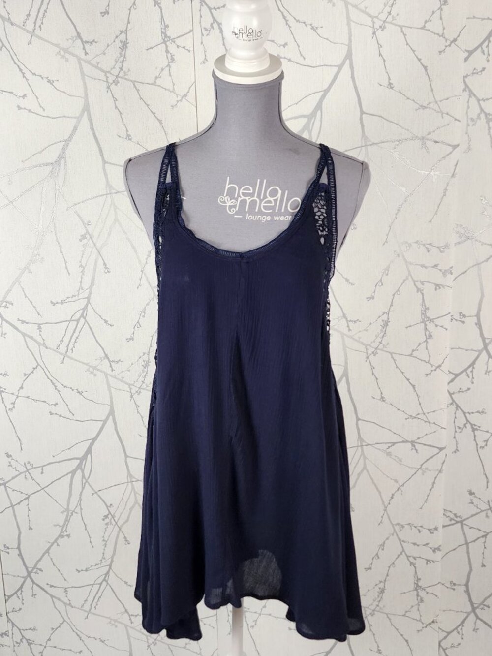 Illa Illa Navy Crinkle Crochet Lace Panel Racerback Tunic